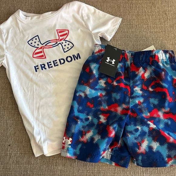 Under Armour Other - NWT 2pc Under Armour Red, Blue And White Swim Shirt & Shorts Boys 5